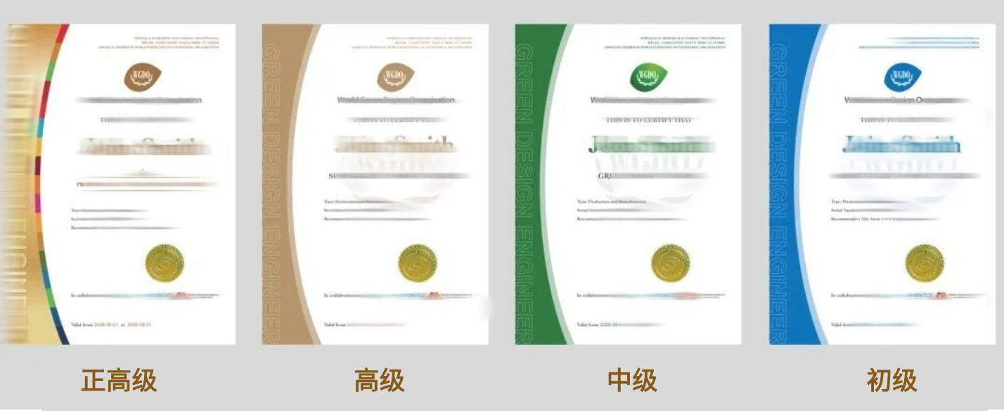 绿色设计工程师证书分为初级（助理）、中级、高级、正高级四个等级